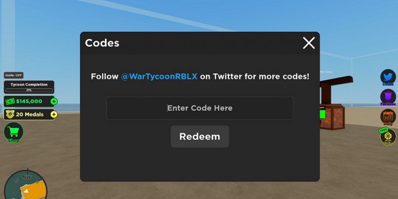 Capture d'écran d'une fenêtre où vous pouvez entrer des codes dans War Tycoon