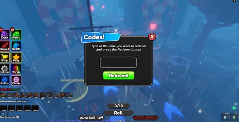 fenêtre de saisie des codes dans Anime Card Battle sur Roblox