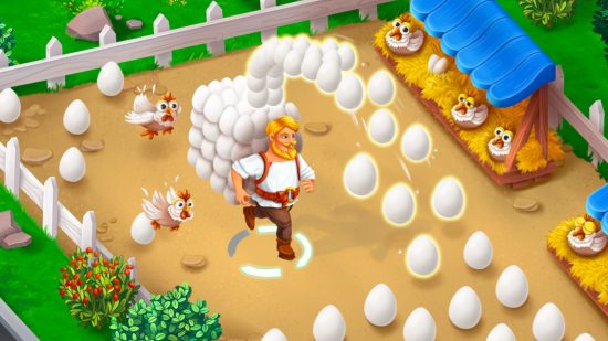 Une image de l'un des meilleurs jeux similaires à Stardew Valley montrant un homme collectant des œufs