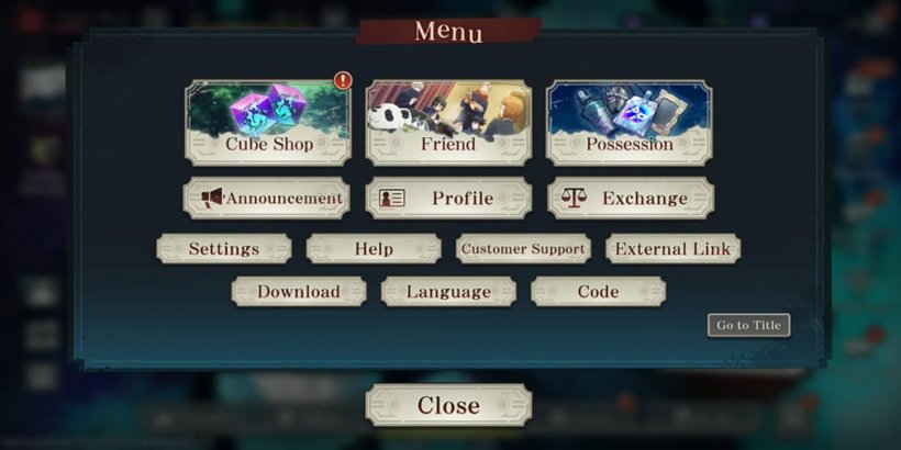 Écran de menu ouvert montrant le bouton de code en bas à droite