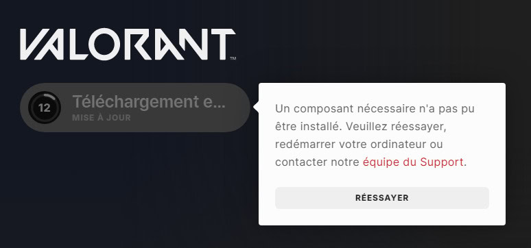 un composant nécessaire n'a pas pu être installé valorant