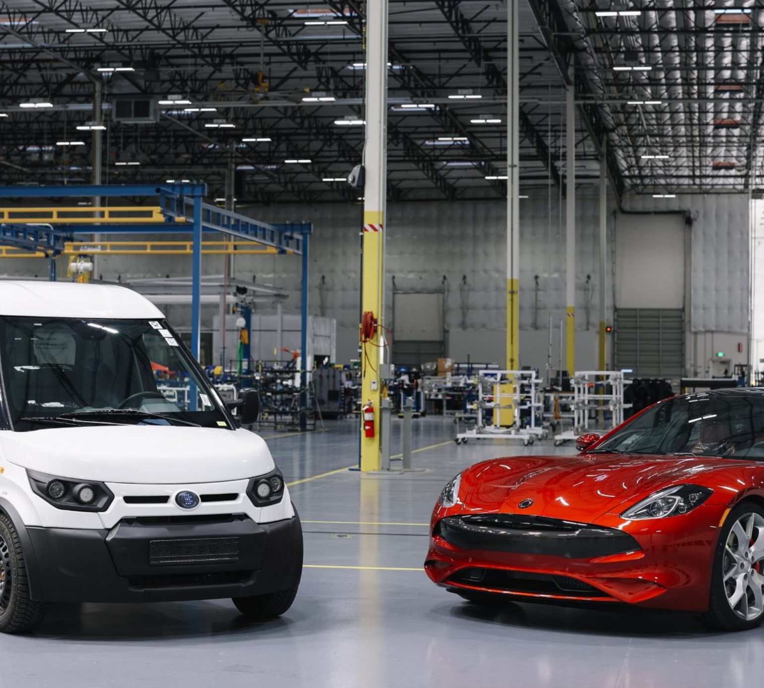 B-ON commercial EV next to Karma EV