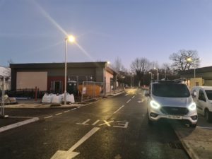 Nulectrics van with the lamp post lights on in KFC Costa car park