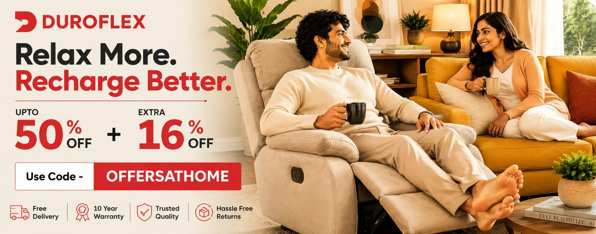 Happy couple relaxing on sofa with coffee in cozy living room.