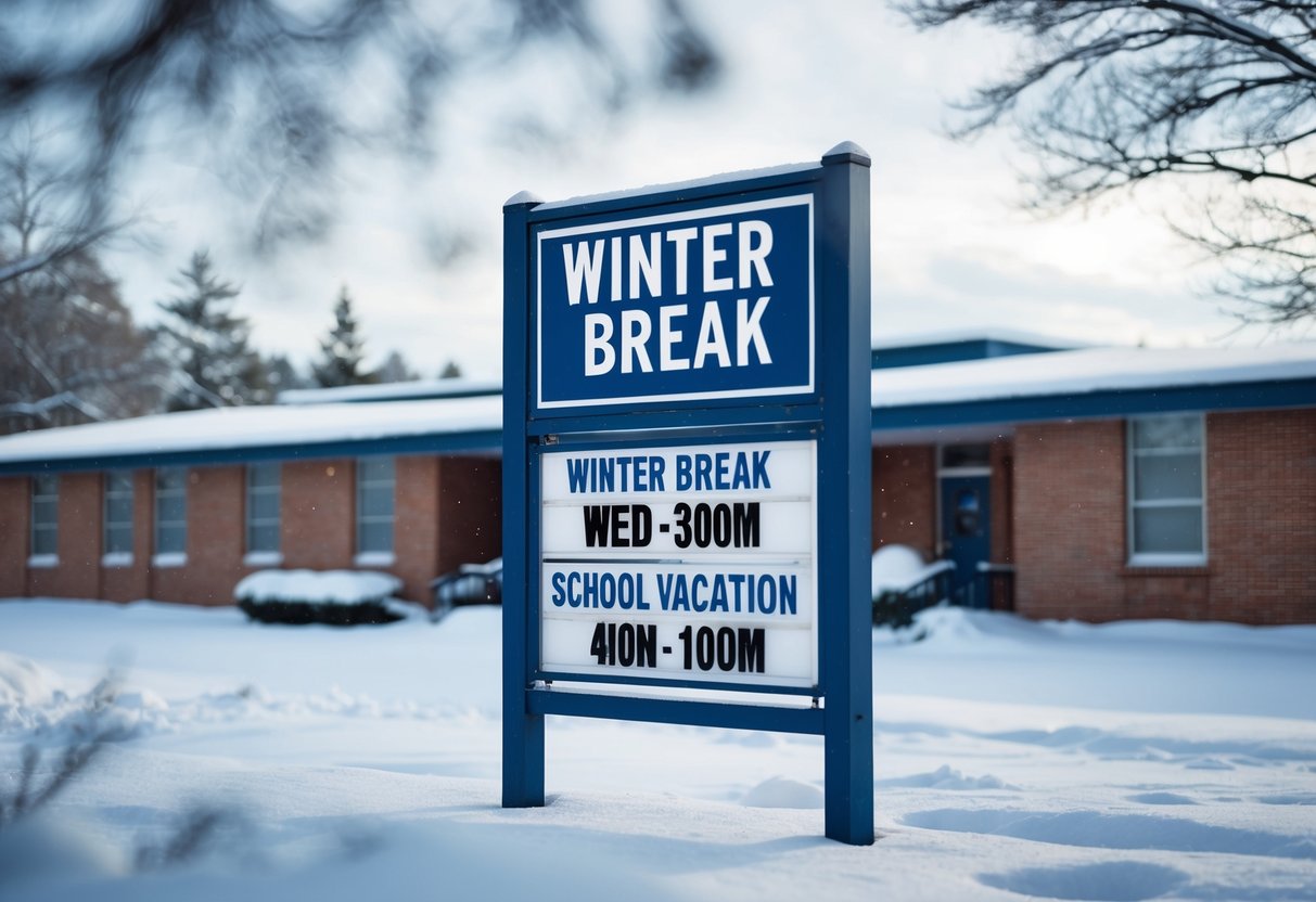 Un bâtiment scolaire enneigé avec un panneau affichant les dates de "Vacances d'hiver" et "Vacances scolaires" aux États-Unis