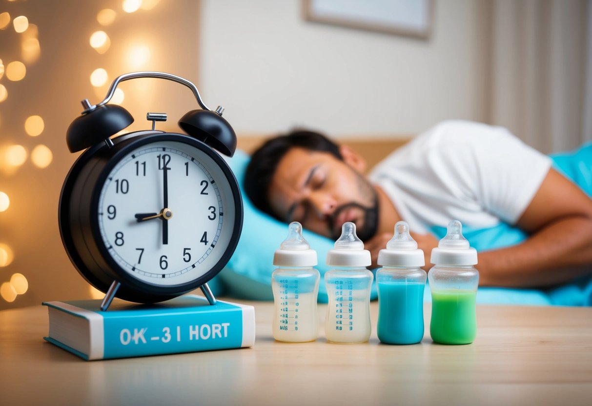 Une horloge indiquant moins de 3 heures entre les repas, une pile de biberons et un parent fatigué dormant en arrière-plan