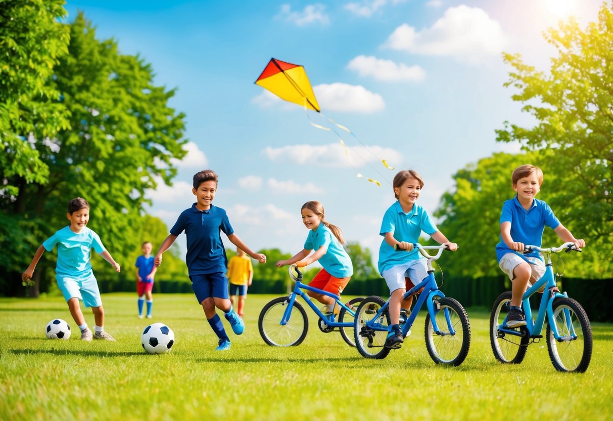 Des enfants âgés de 6 à 12 ans participent à des activités de plein air comme jouer au football, faire du vélo et faire voler des cerfs-volants sous un ciel ensoleillé, avec des arbres verts luxuriants en arrière-plan.