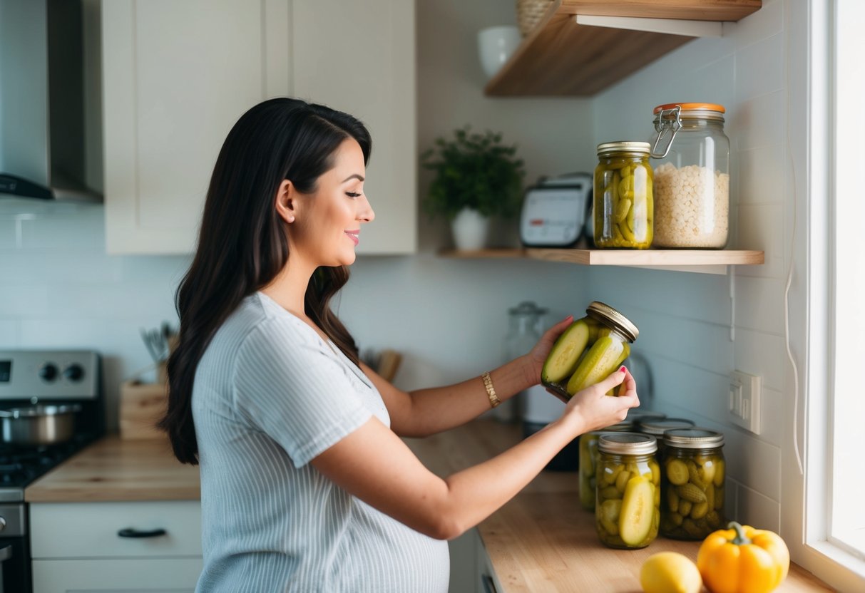 Une femme enceinte tend la main vers un pot de cornichons sur une étagère de cuisine.
