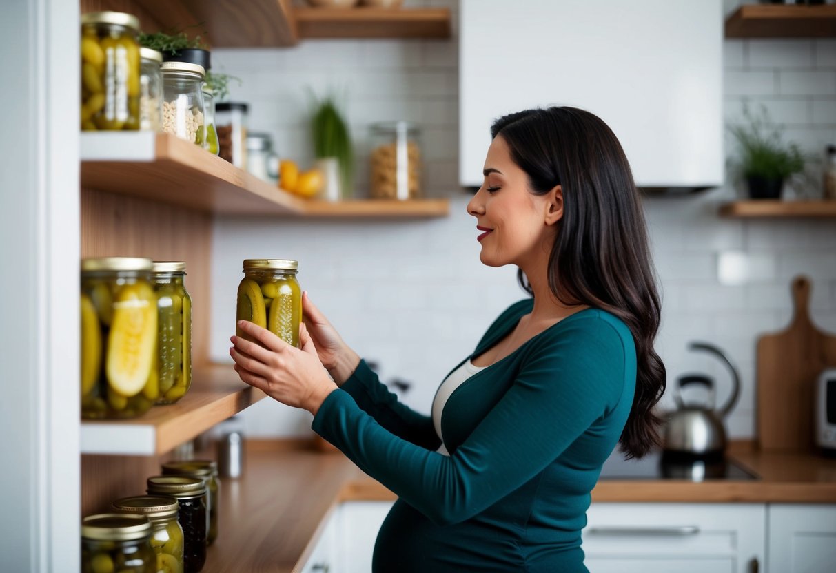 Une femme enceinte ayant envie de cornichons, tendant la main vers un pot sur une étagère de cuisine
