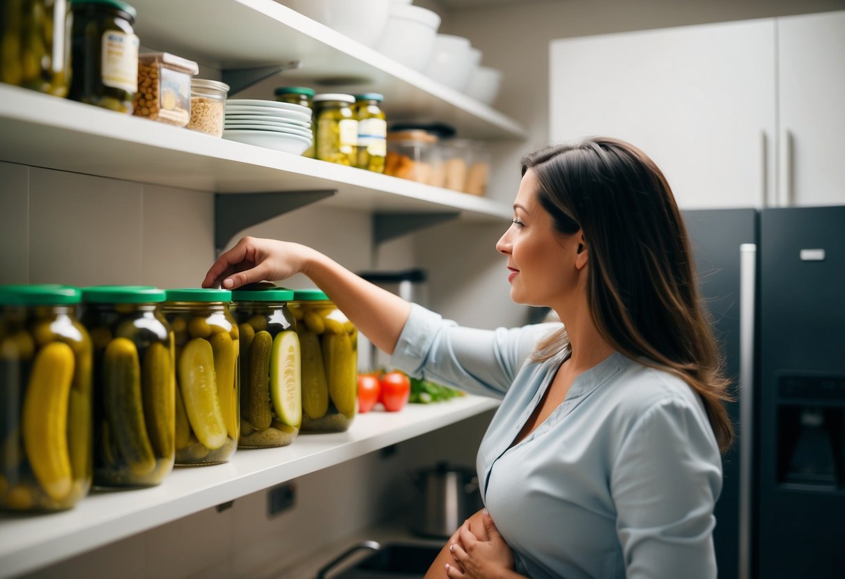 Une femme enceinte atteignant un pot de cornichons sur une étagère de cuisine