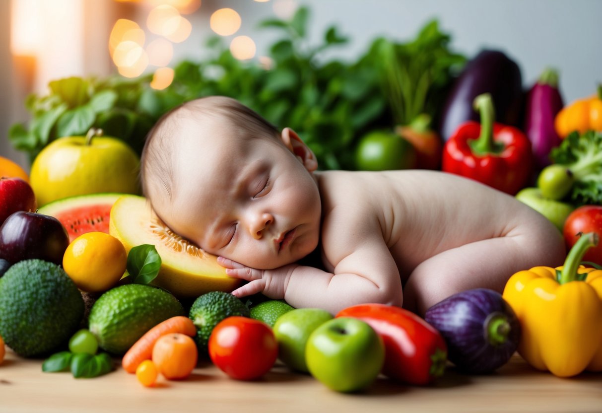 Un bébé dormant paisiblement entouré d'une variété de fruits et légumes colorés et sains.