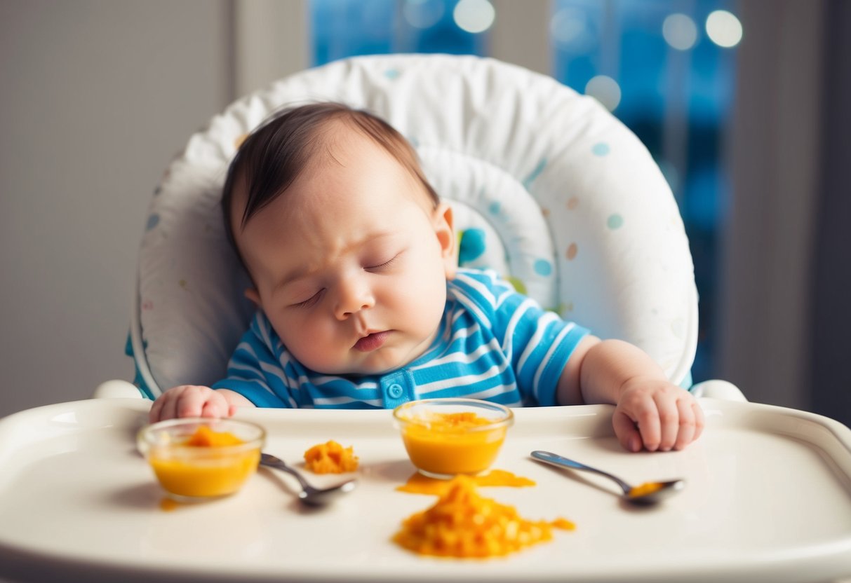 Le sommeil d'un bébé perturbé par de nouveaux aliments, avec des cuillères éparpillées et des purées à moitié mangées sur la chaise haute