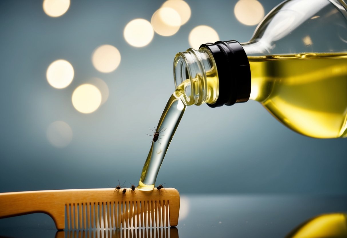 Une bouteille de vinaigre blanc versée sur un peigne, avec quelques poux et lentes coincés dans les dents.