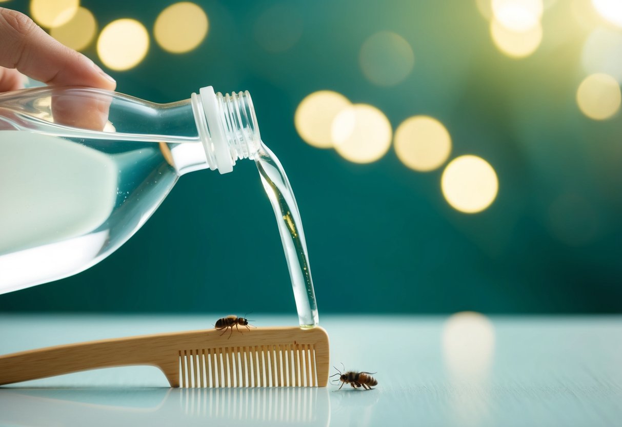 Une bouteille de vinaigre blanc versée sur un peigne, avec quelques poux coincés dans les dents.