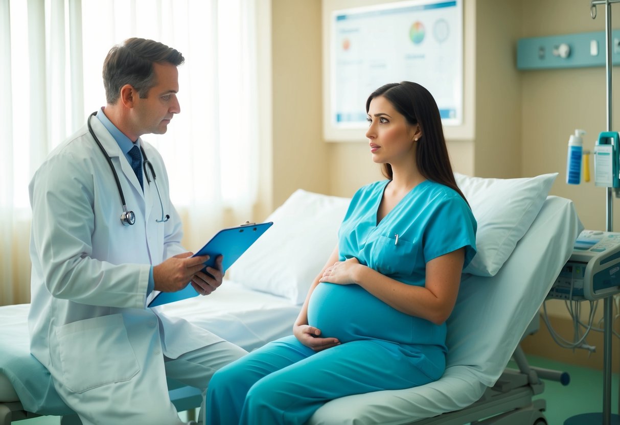 Une femme enceinte est assise dans une chambre d'hôpital, parlant à un médecin au sujet de la consultation pré-anesthésique. Le médecin tient un carnet de notes et la femme a l'air préoccupée.