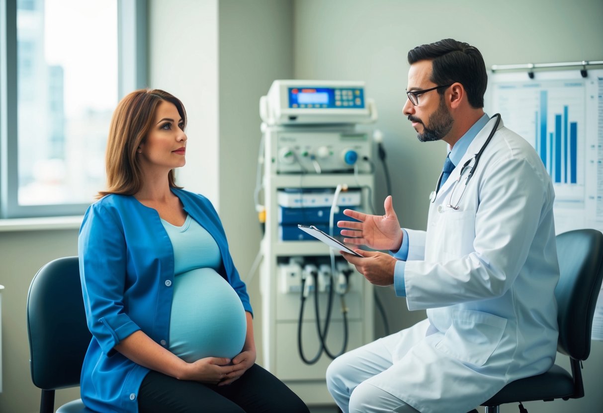 Une femme enceinte est assise dans une salle de consultation pendant que l'anesthésiste discute du processus de pré-anesthésie. Du matériel médical et des graphiques sont visibles en arrière-plan.