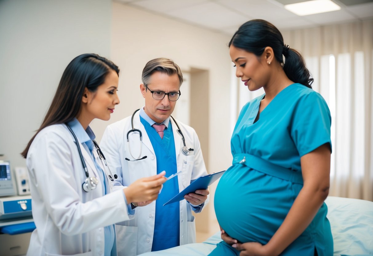 Un médecin consulte une patiente enceinte avant l'anesthésie, examinant les antécédents médicaux et discutant de la procédure à venir.