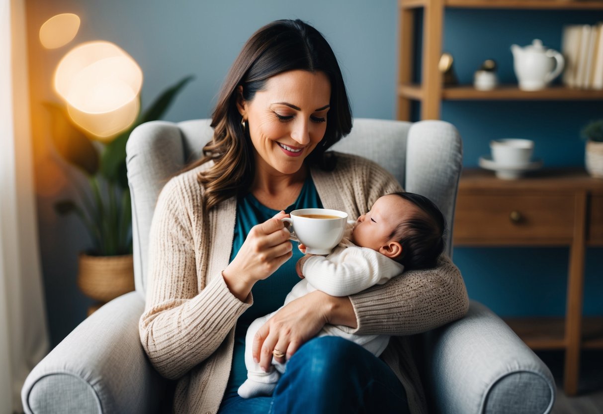Une mère assise dans un fauteuil confortable, sirotant une tasse de thé aux herbes chaud tout en allaitant son bébé.