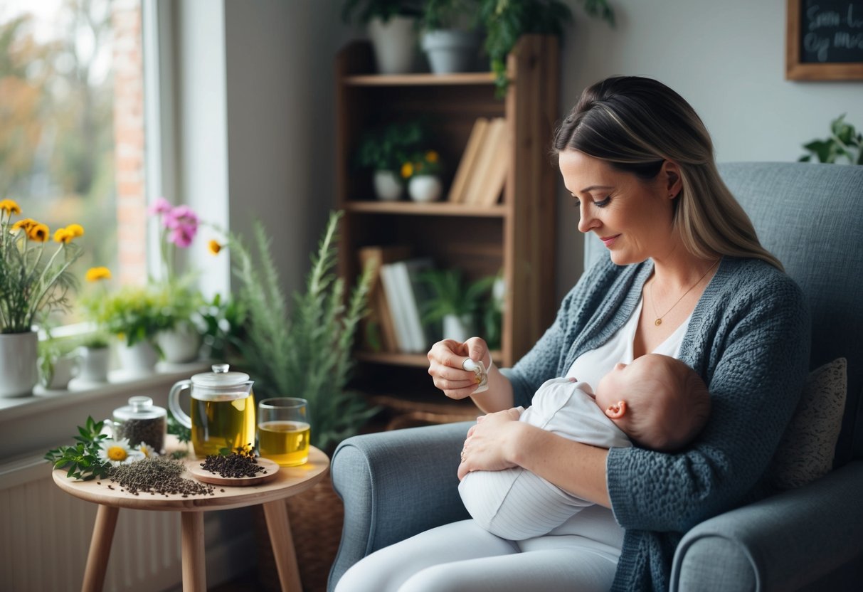 Une mère est assise dans un fauteuil confortable, entourée de diverses herbes et fleurs. Elle prépare soigneusement une tisane apaisante, tandis que son bébé tète paisiblement à ses côtés.
