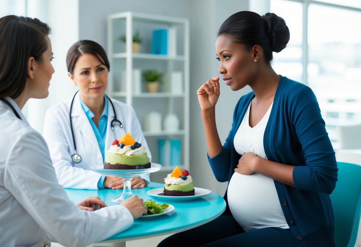 Une femme enceinte assise à une table, regardant un dessert en forme d'île flottante avec une expression préoccupée. Un médecin ou un nutritionniste est à proximité, offrant des conseils.