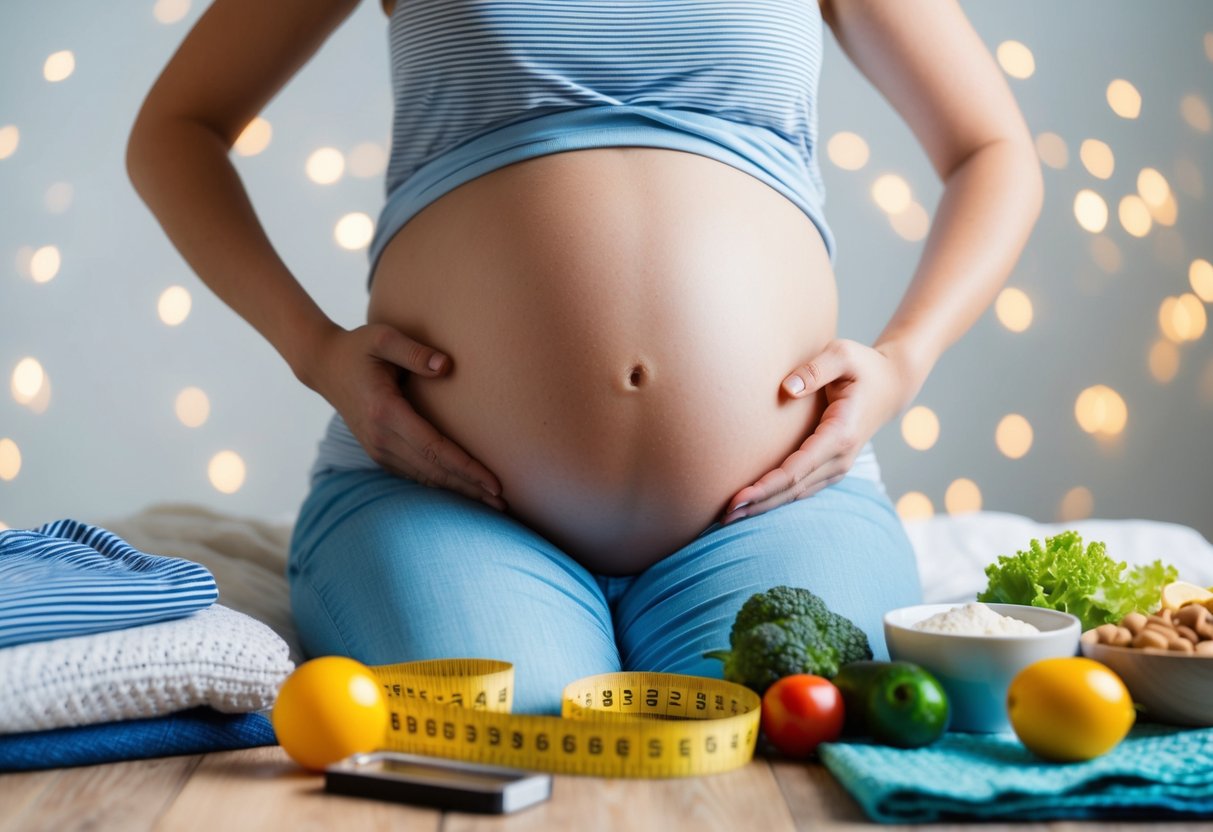 Un ventre de femme enceinte avec un ventre visible, entouré d'objets symbolisant la croissance et le changement, tels qu'un mètre de couture, des aliments sains et des vêtements de maternité.