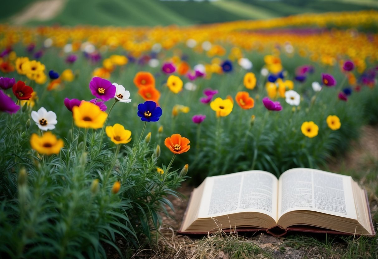 Un champ de fleurs de capucine colorées se balançant dans le vent, avec un livre historique ouvert à proximité