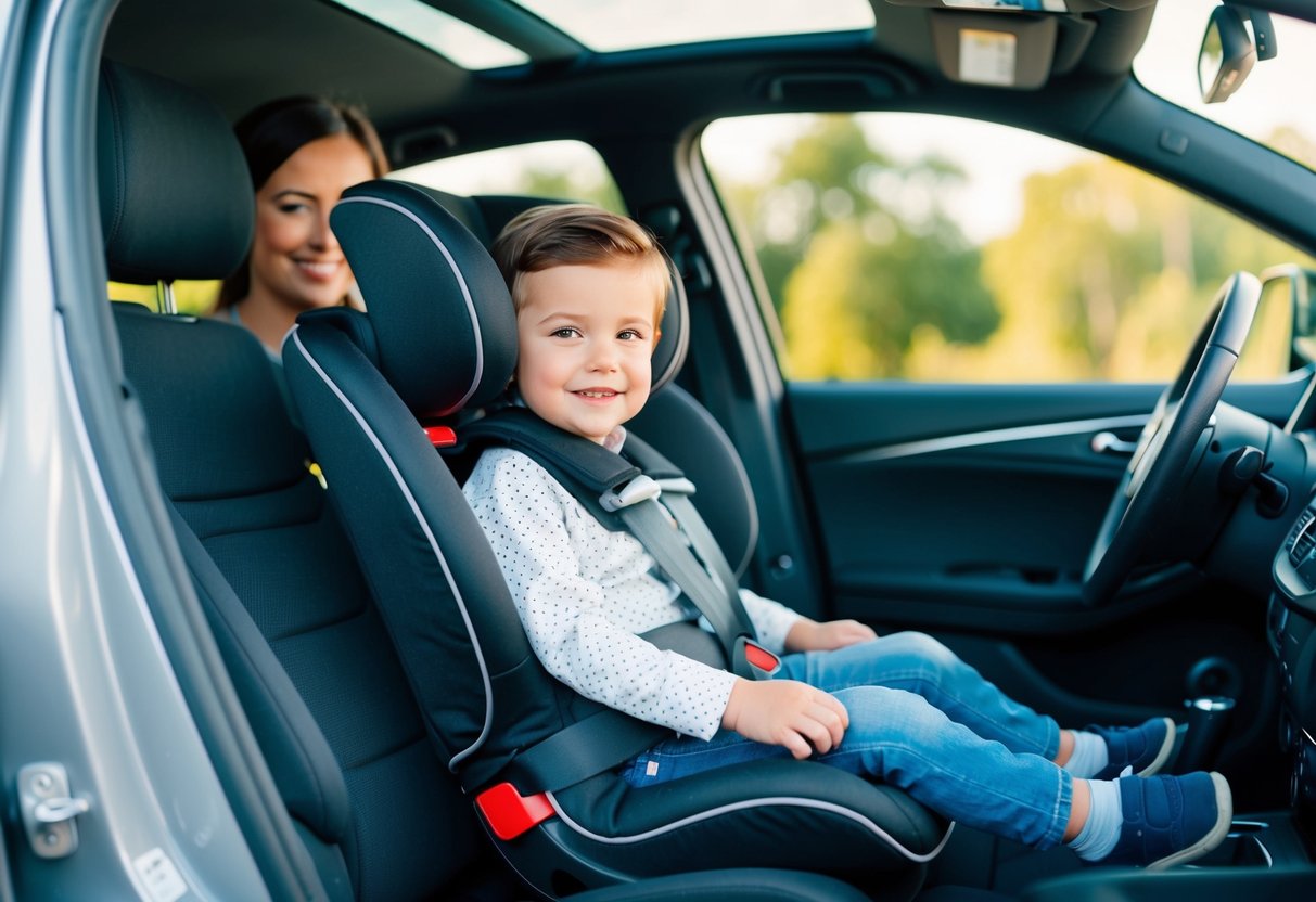 À quel âge utiliser un réhausseur dans la voiture pour son enfant? 1 Un enfant assis dans un siège rehausseur à l'arrière d'une voiture, attaché par une ceinture de sécurité, avec un parent souriant à l'avant.