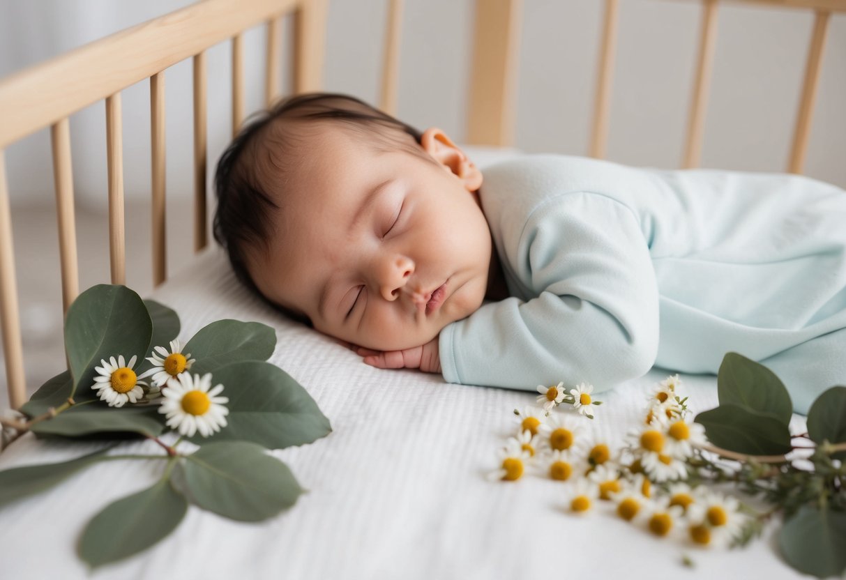 Un bébé paisible dormant dans un berceau confortable, entouré de remèdes naturels apaisants comme des feuilles d'eucalyptus et des fleurs de camomille.