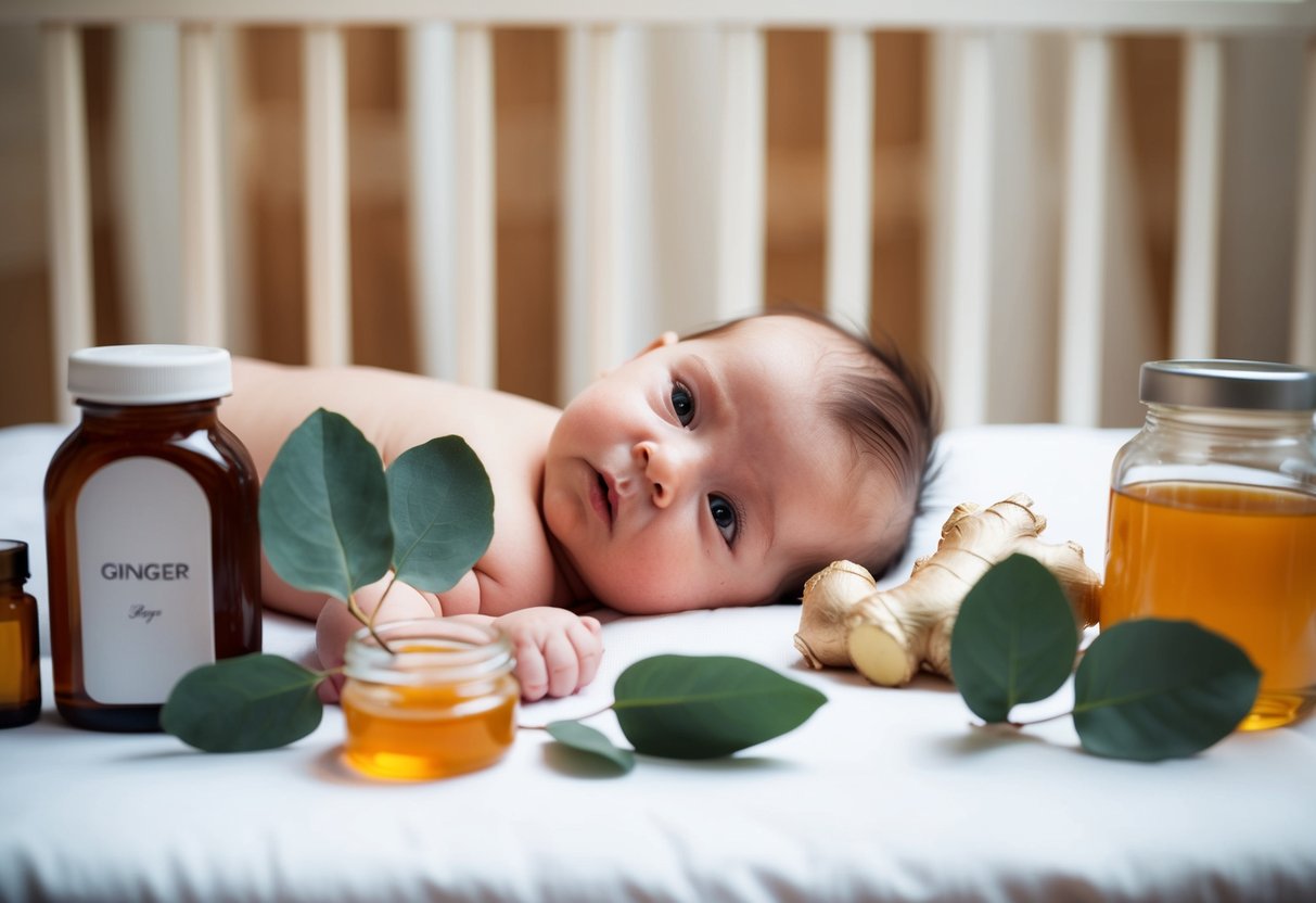 Un bébé allongé dans un berceau, entouré de remèdes naturels comme le miel, le gingembre et des feuilles d'eucalyptus.
