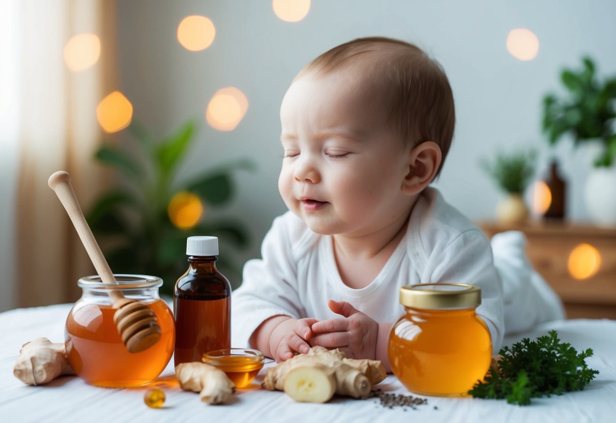 Un bébé paisible entouré de remèdes naturels tels que le miel, le gingembre et des herbes pour apaiser la toux.