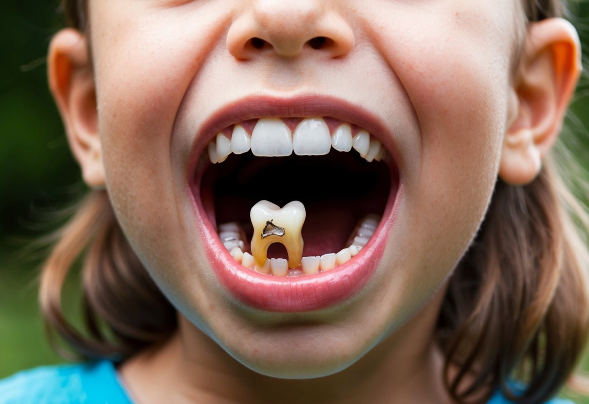 Un gros plan de la bouche ouverte d'un enfant avec une petite dent montrant des signes de carie, entourée de dents saines.
