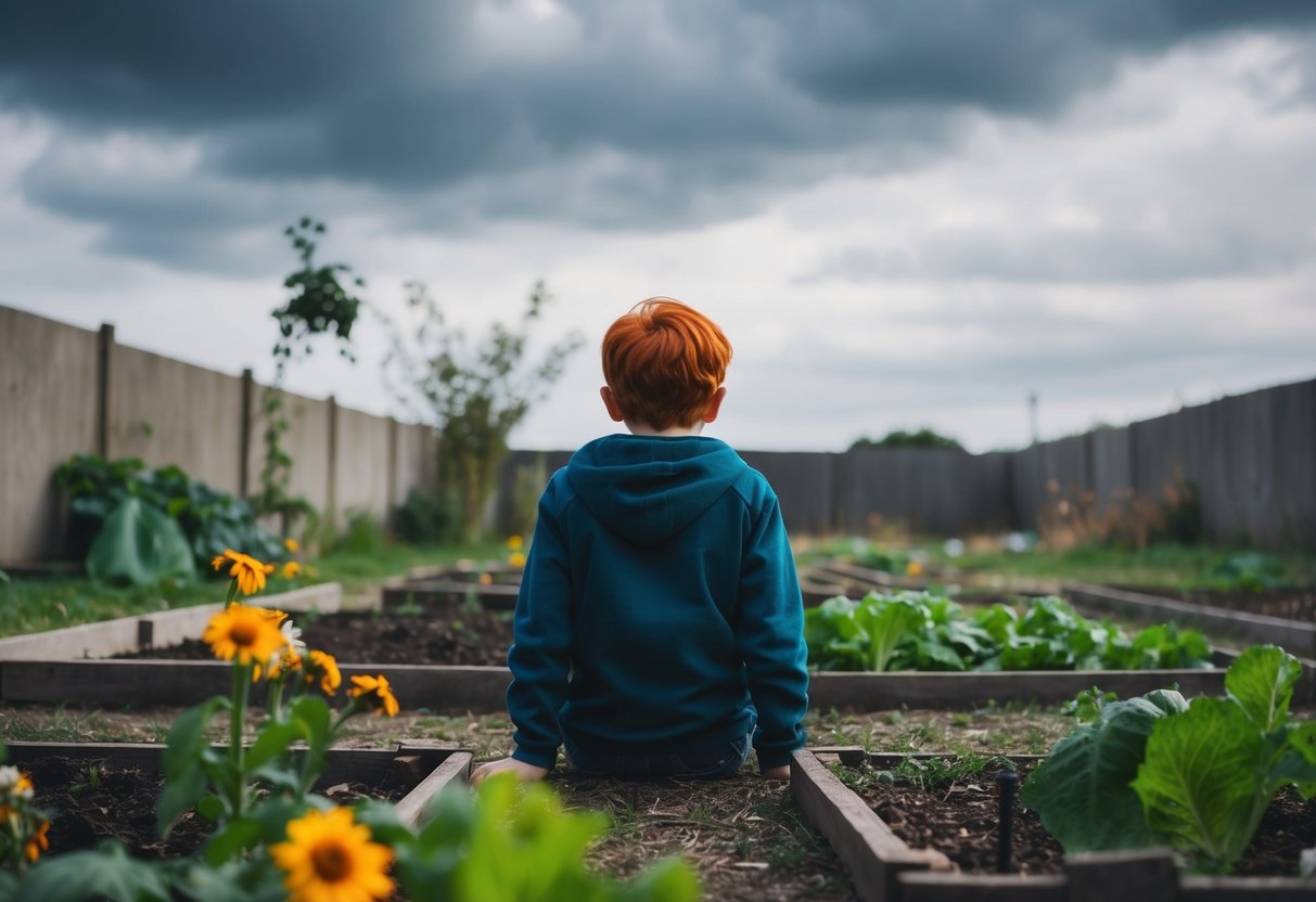 Un garçon aux cheveux roux est assis seul dans un jardin désolé, entouré de fleurs fanées et d'un potager négligé. Le ciel est couvert, reflétant l'humeur sombre de la scène.