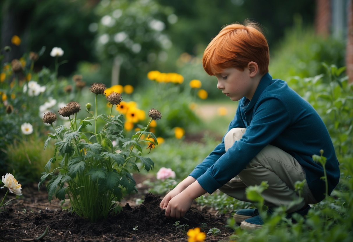 Un garçon roux solitaire s'occupe d'un jardin négligé, entouré de fleurs fanées et de mauvaises herbes envahissantes, symbolisant son propre état négligé et non aimé.
