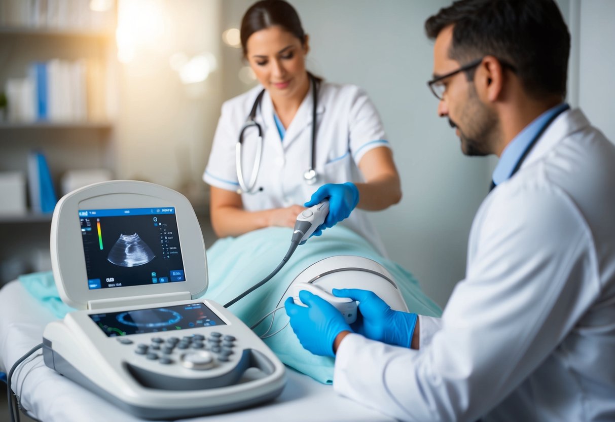 Un professionnel de la santé effectuant une échographie pelvienne sur un patient, avec la machine à ultrasons et la sonde au premier plan.