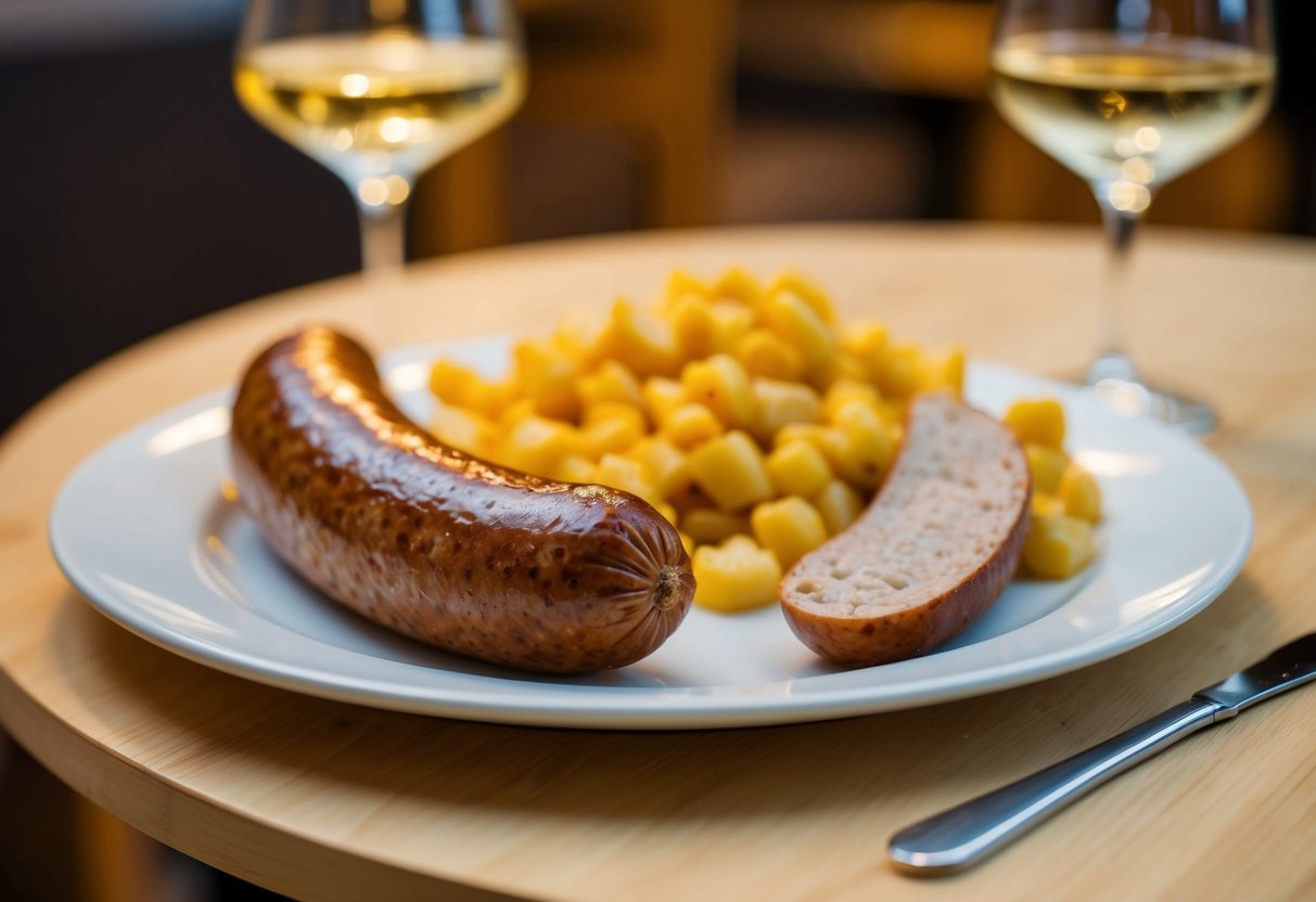 Une assiette de saucisse boudin blanc et une saucisse boudin blanc enceinte sur une table
