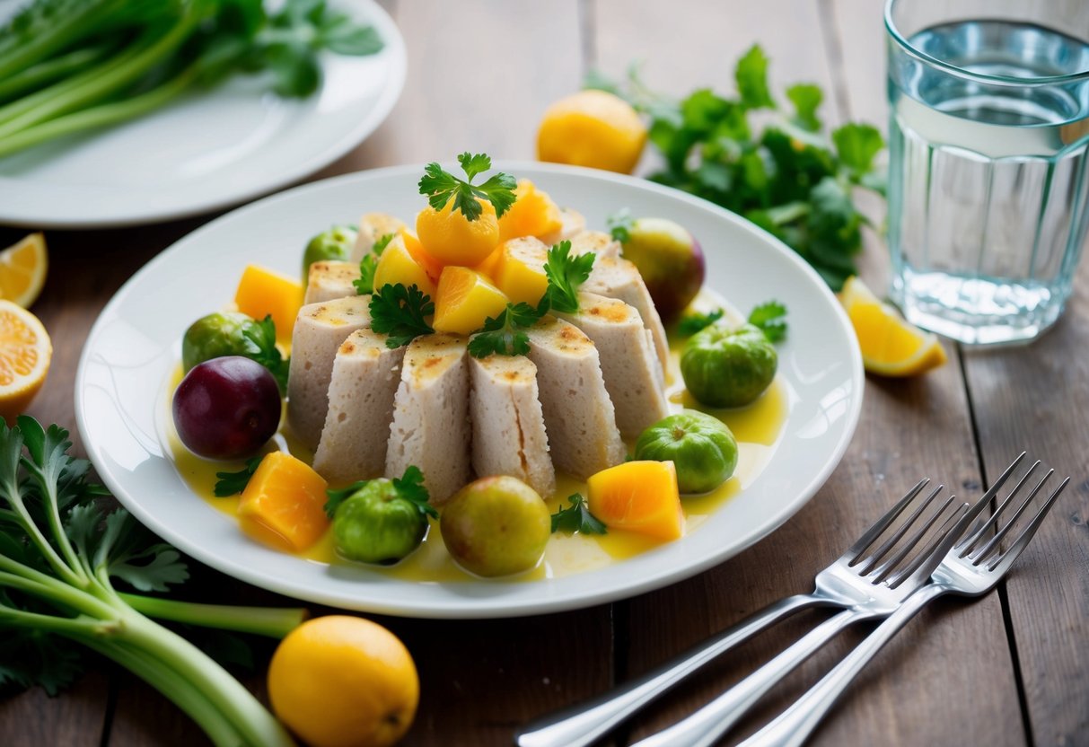 Une assiette de boudin blanc entourée de fruits et légumes frais, avec un verre d'eau à côté