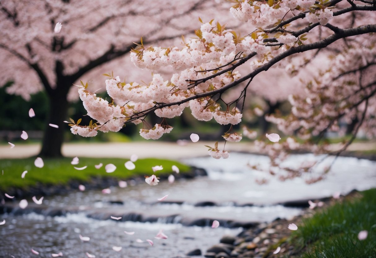 Un cerisier japonais avec des pétales tombants et un ruisseau qui coule