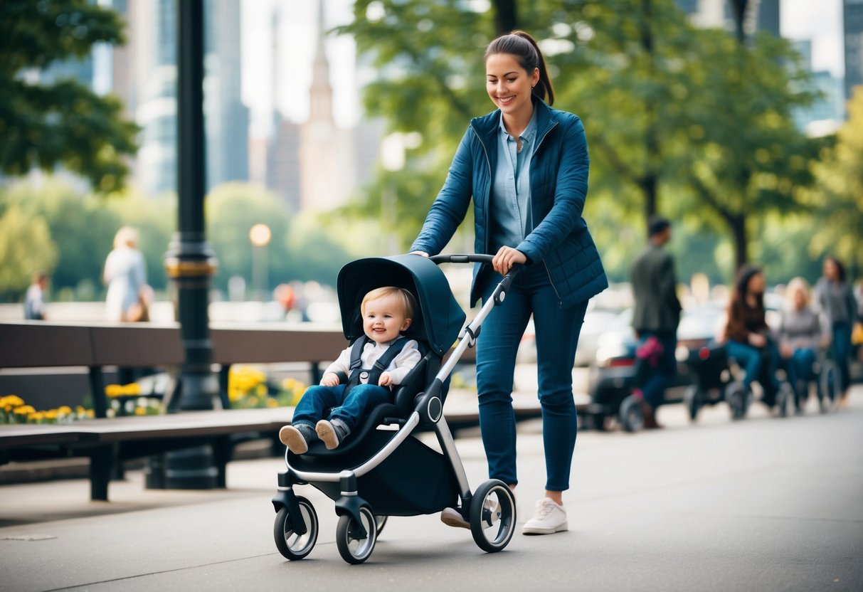 Un parent poussant une poussette élégante et moderne à travers un parc urbain animé, avec un jeune enfant assis confortablement à l'intérieur, profitant de la vue.