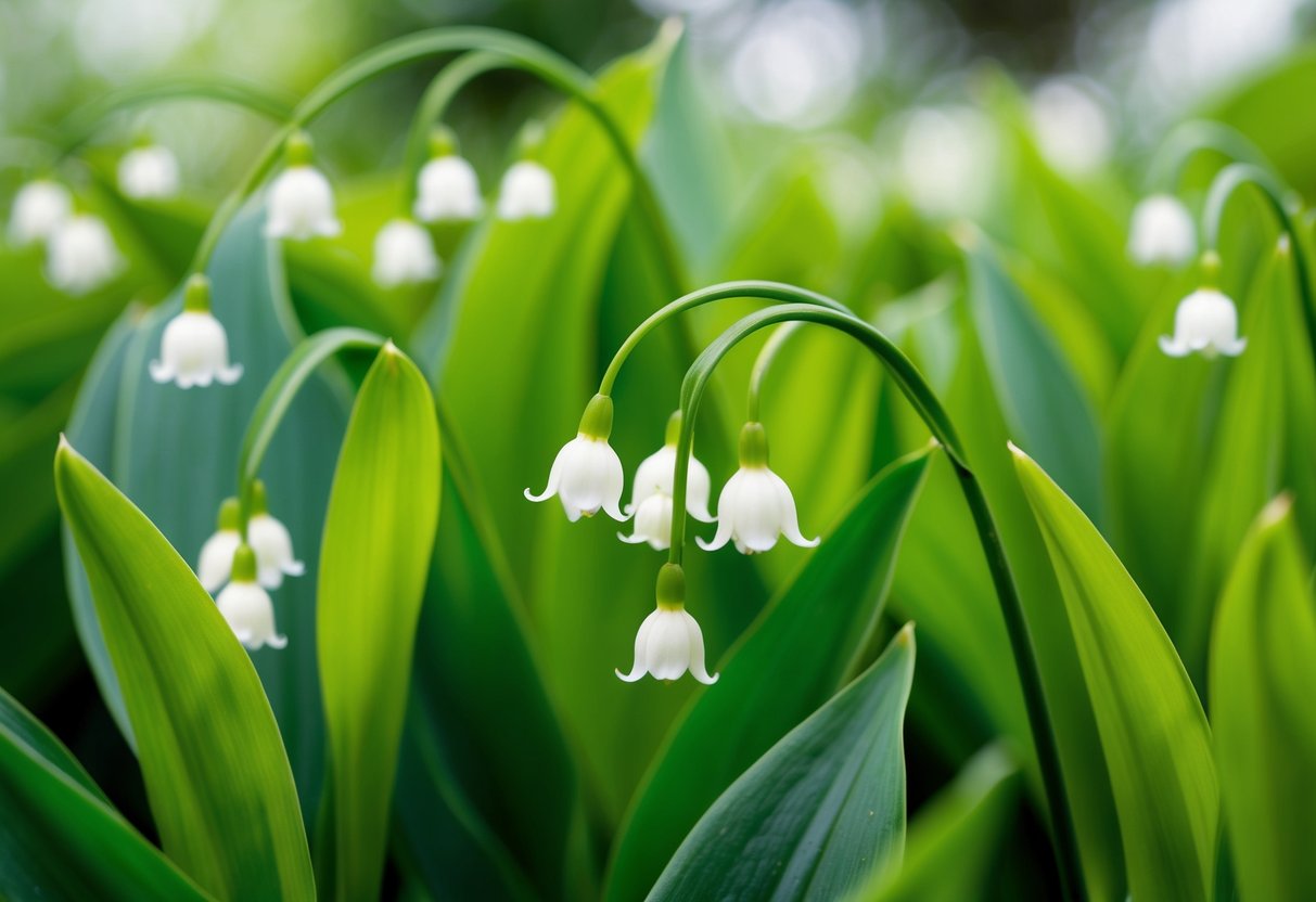 Poème du muguet : Une célébration printanière en vers 3 Un muguet en fleurs entouré d'un feuillage vert luxuriant, avec de délicates fleurs blanches et des tiges fines et arquées