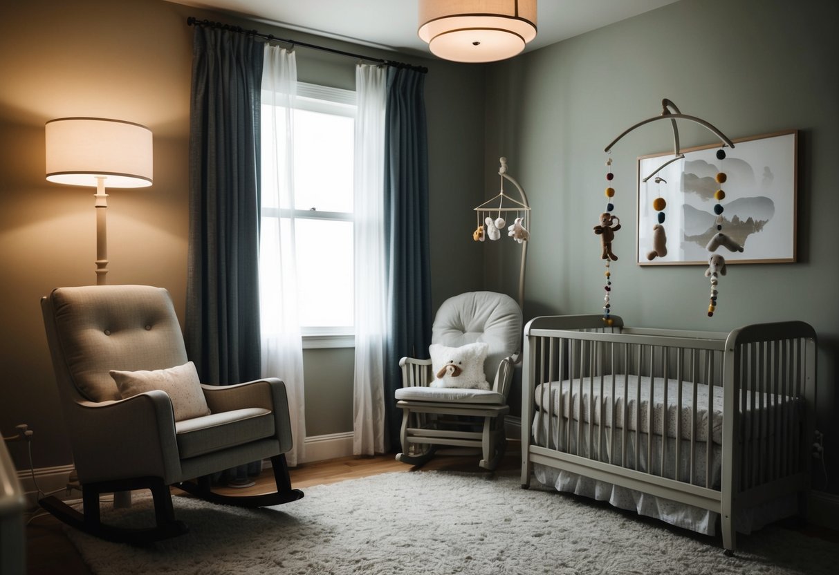 Une nursery confortable avec une douce lumière nocturne tamisée, un fauteuil à bascule et un lit avec un mobile