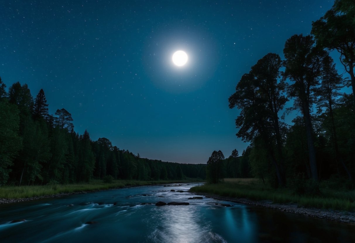 Une scène nocturne sereine avec une lune brillante éclairant une rivière calme et fluide, entourée de grands arbres et d'étoiles scintillantes dans le ciel.
