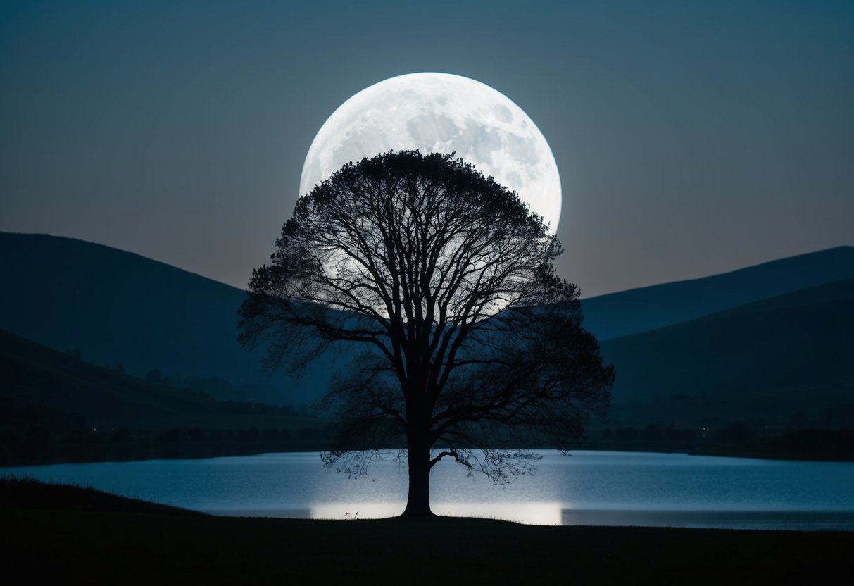 Un paysage serein au clair de lune avec un arbre silhouetté contre le ciel nocturne, entouré de collines ondulantes et d'un plan d'eau calme et réfléchissant.