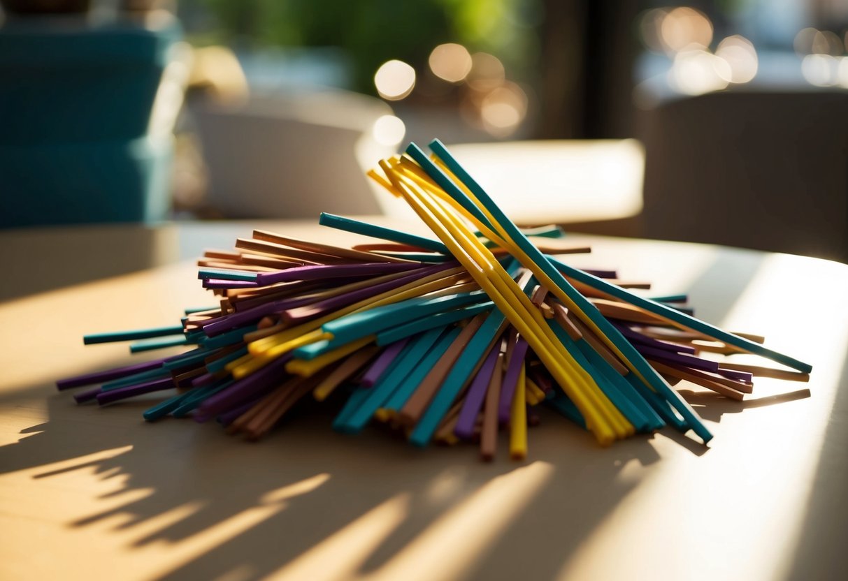 Règles du mikado : Guide complet pour maîtriser ce jeu d'adresse 1 Une pile de bâtonnets Mikado colorés éparpillés sur une table, projetant de longues ombres dans la douce lumière