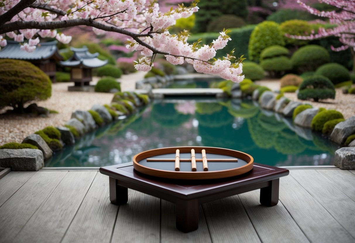 Règles du mikado : Guide complet pour maîtriser ce jeu d'adresse 2 Un jardin japonais traditionnel avec un étang serein, des cerisiers en fleurs et une table en bois dressée avec des bâtonnets de jeu Mikado