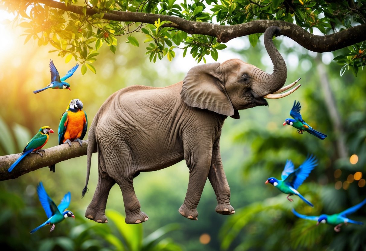 Un éléphant se balançant sur une branche d'arbre, entouré d'oiseaux colorés et d'un feuillage de jungle luxuriant