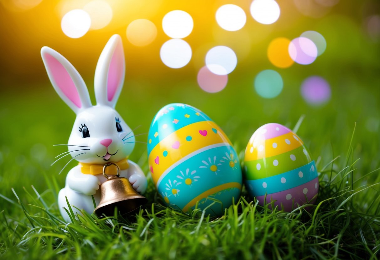 Un œuf de Pâques coloré niché dans l'herbe verte, à côté d'un lapin fantaisiste et d'une cloche qui sonne, symbolisant les origines des traditions de Pâques