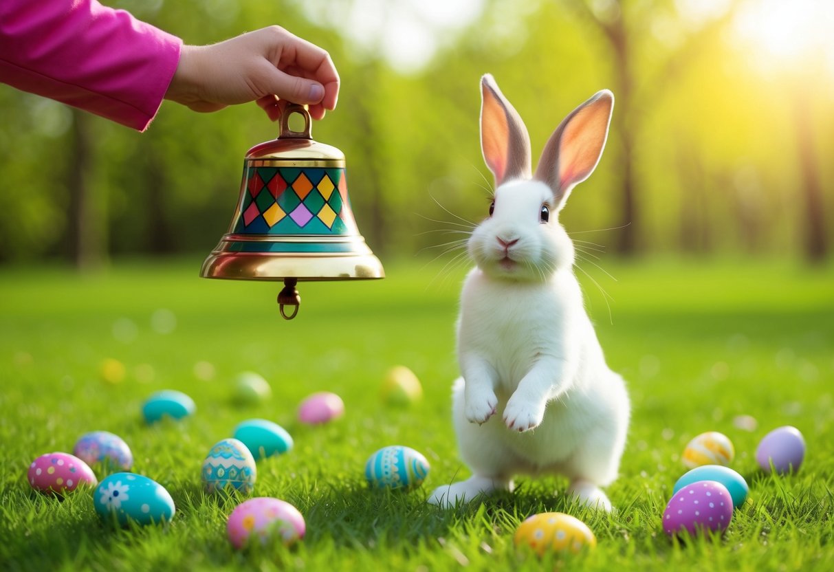 Une cloche de Pâques colorée sonne dans une prairie verdoyante, tandis qu'un joyeux lapin de Pâques saute autour des œufs décorés éparpillés sur le sol.