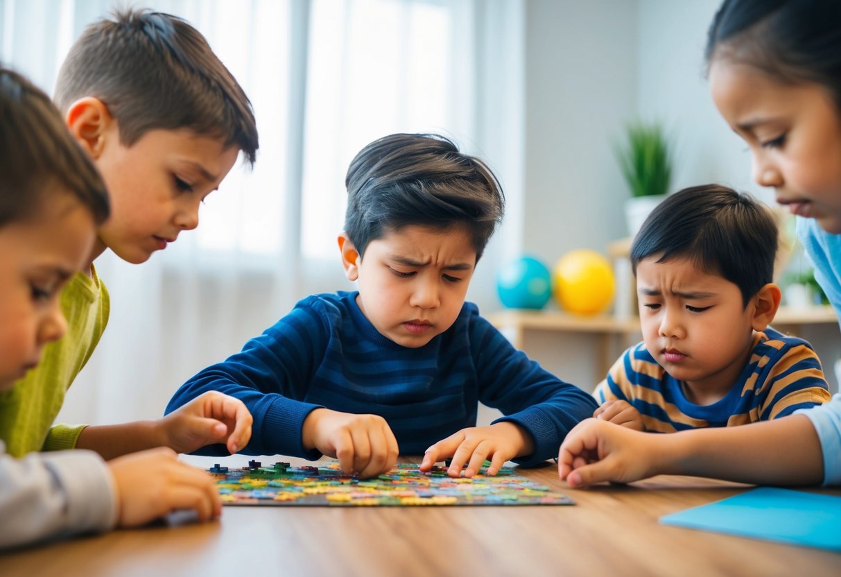 Un enfant a du mal à assembler un puzzle tandis que les autres complètent la tâche sans effort. La frustration est évidente alors que l'intelligence de l'enfant est éclipsée par sa dyspraxie.