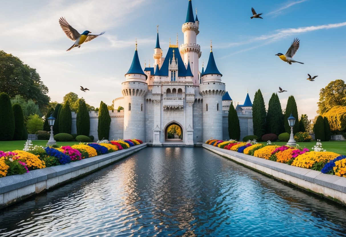 Un beau château avec un fossé scintillant, entouré de fleurs colorées et d'oiseaux chantants