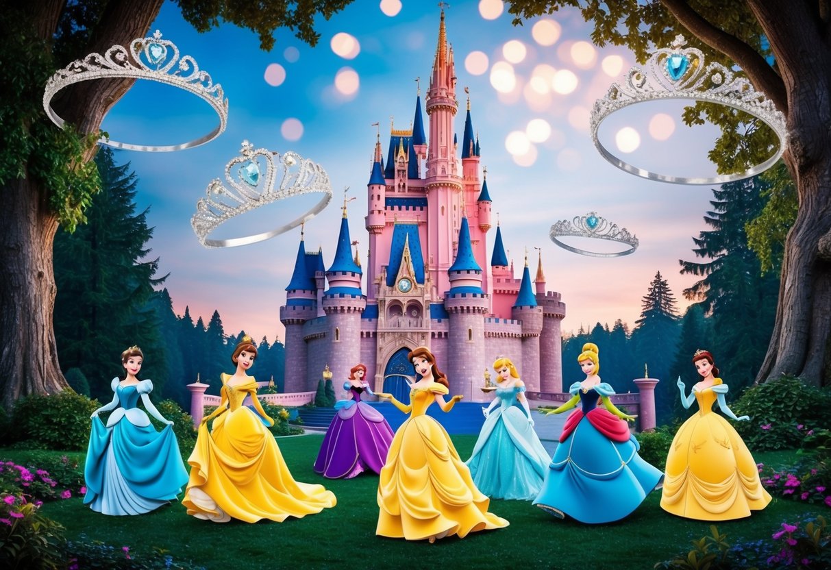 Un château magique avec des princesses Disney emblématiques en robes élégantes, entouré de forêts enchantées et de tiaras scintillantes